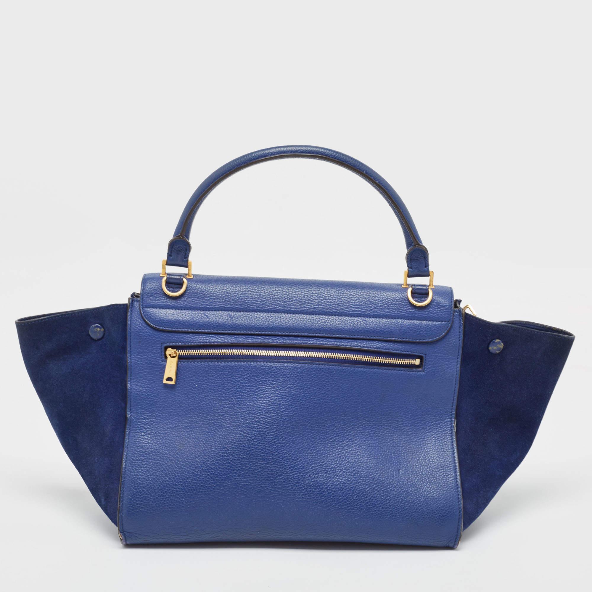 Celine Blue Leather and Suede Medium Trapeze Bag For Sale 2