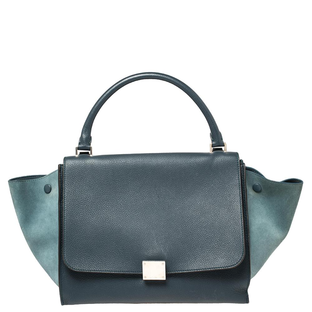 Celine Blue Leather and Suede Medium Trapeze Bag