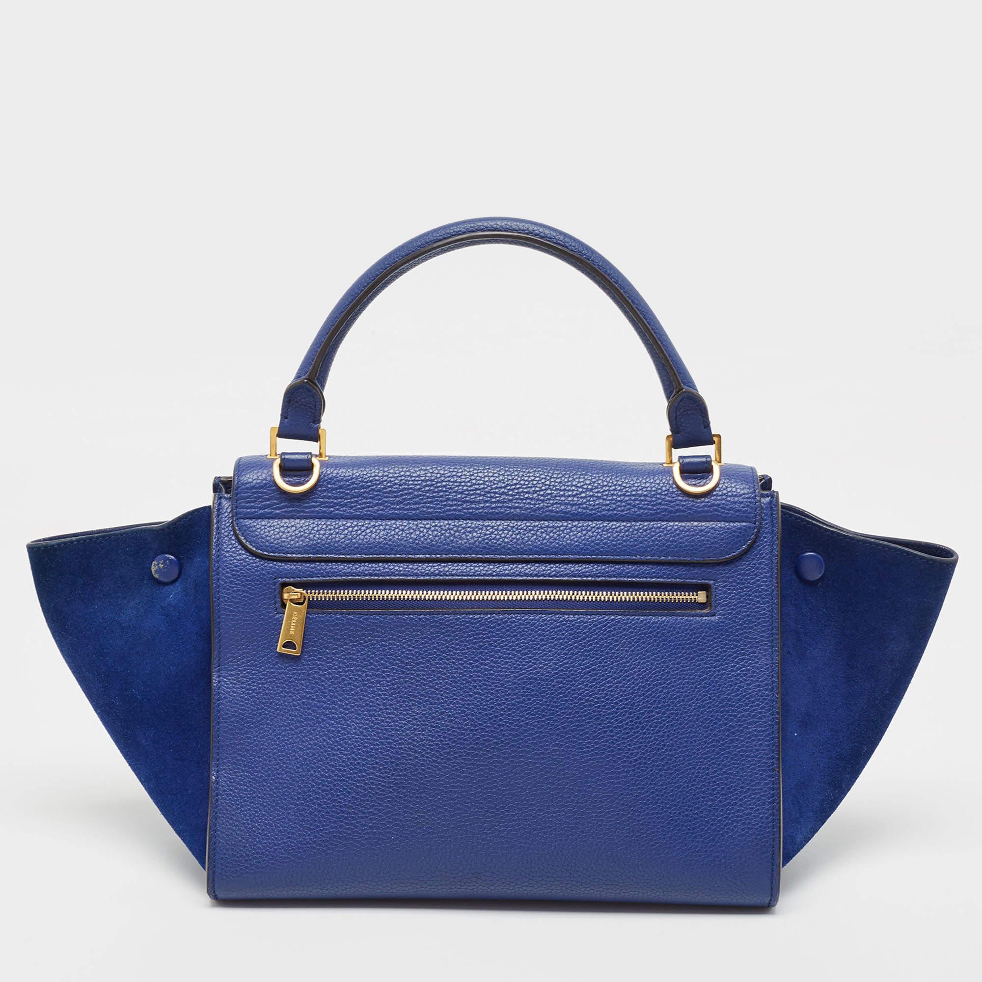 Women's Celine Blue Leather and Suede Small Trapeze Top Handle Bag For Sale