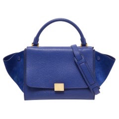 Celine - Petit sac à main trapèze en cuir et daim bleu