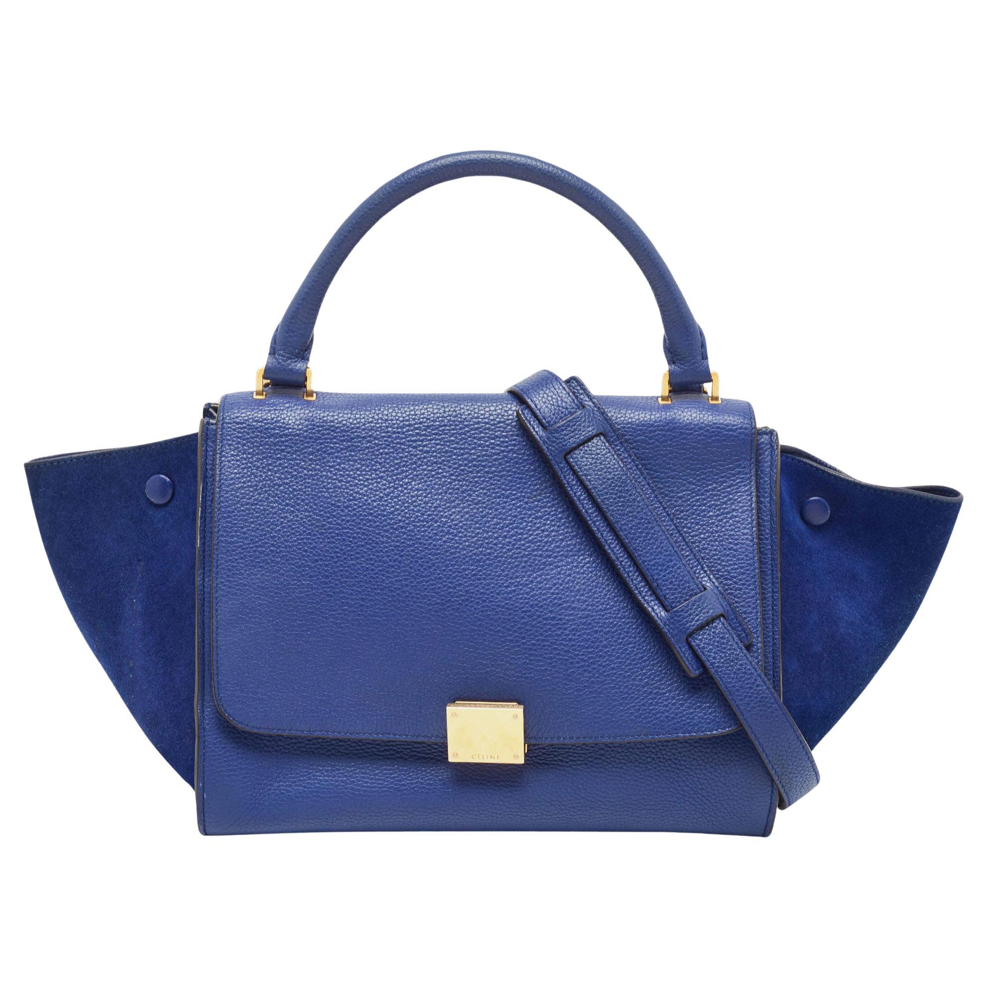 Celine Blue Leather and Suede Small Trapeze Top Handle Bag For Sale