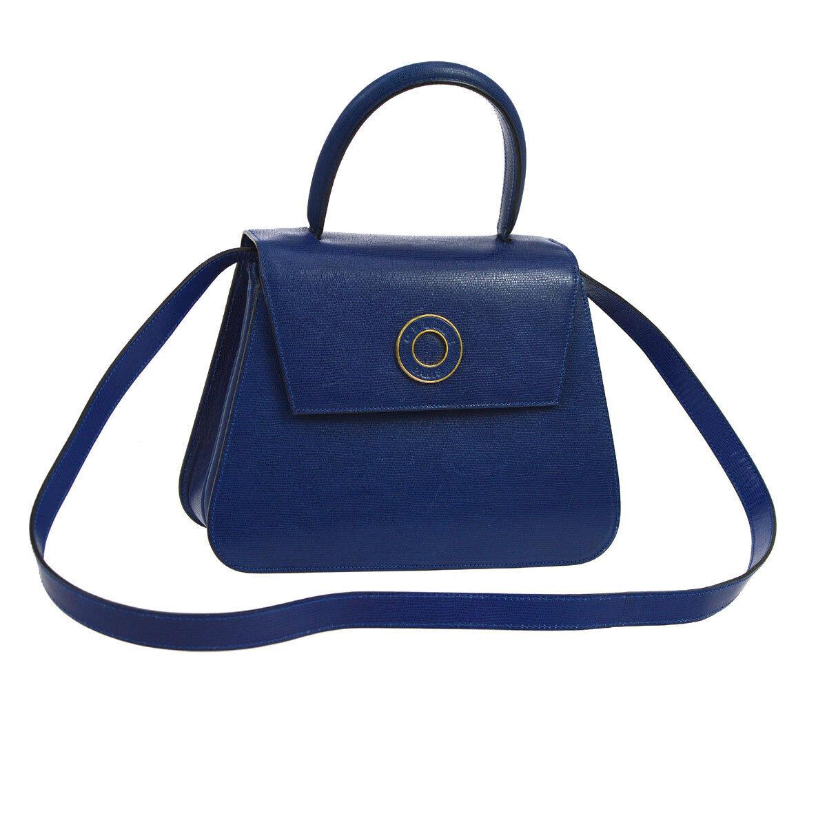Celine Blue Leather Gold 2 in 1 Kelly Style Top Handle Satchel Shoulder Flap Bag