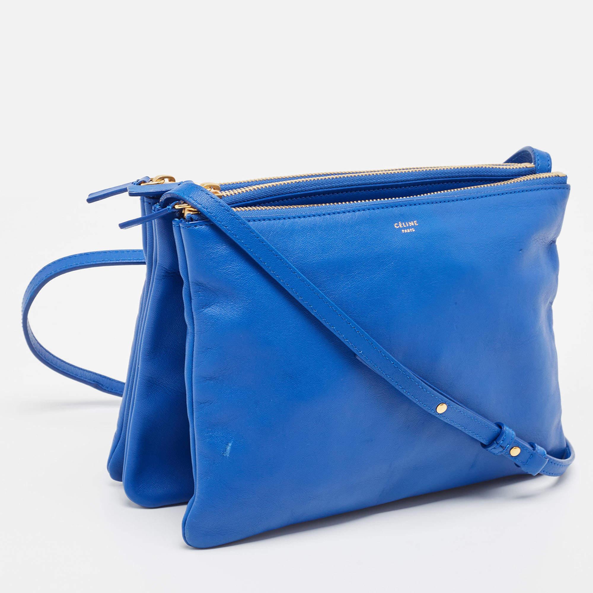 Women's Celine Blue Leather Large Trio Zip Crossbody Bag For Sale