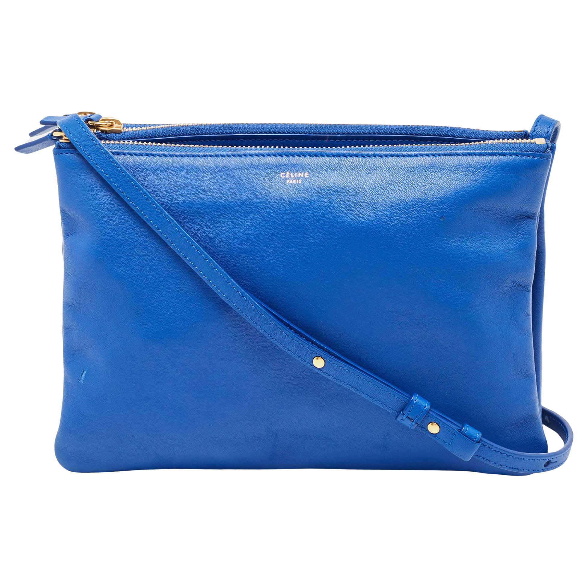 Celine Blue Leather Large Trio Zip Crossbody Bag For Sale