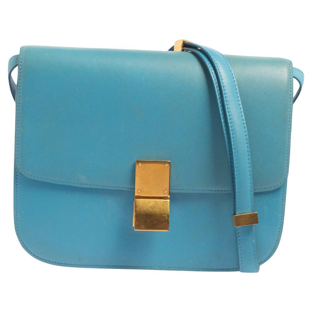 Celine Blue Leather Medium Classic Box Shoulder Bag For Sale