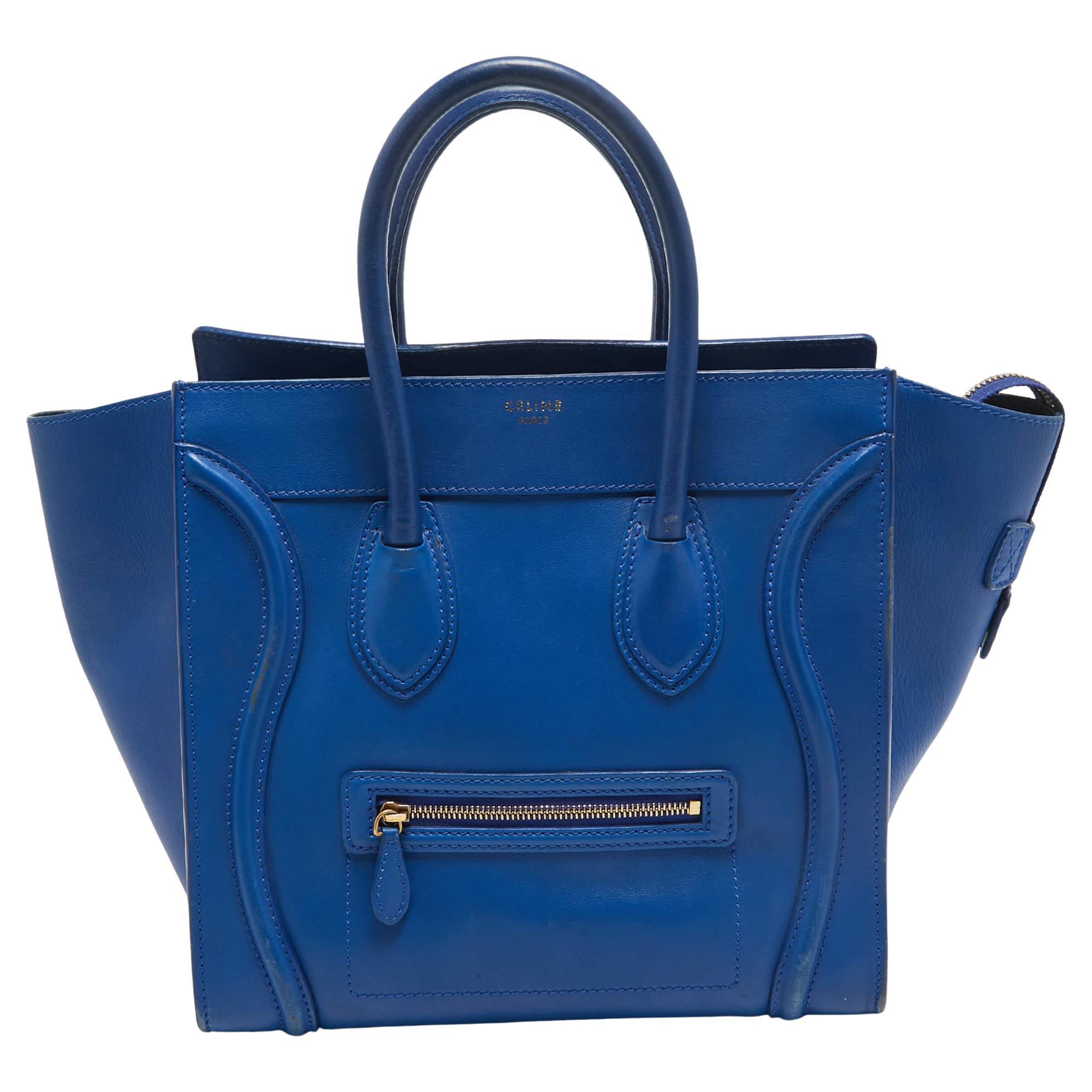 Celine Blue Leather Mini Luggage Tote For Sale