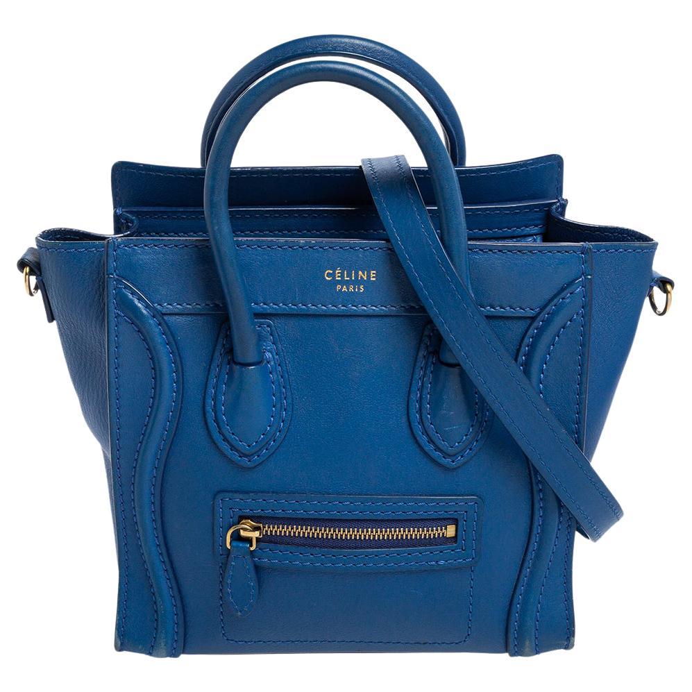 Celine Blue Leather Nano Luggage Tote For Sale at 1stDibs