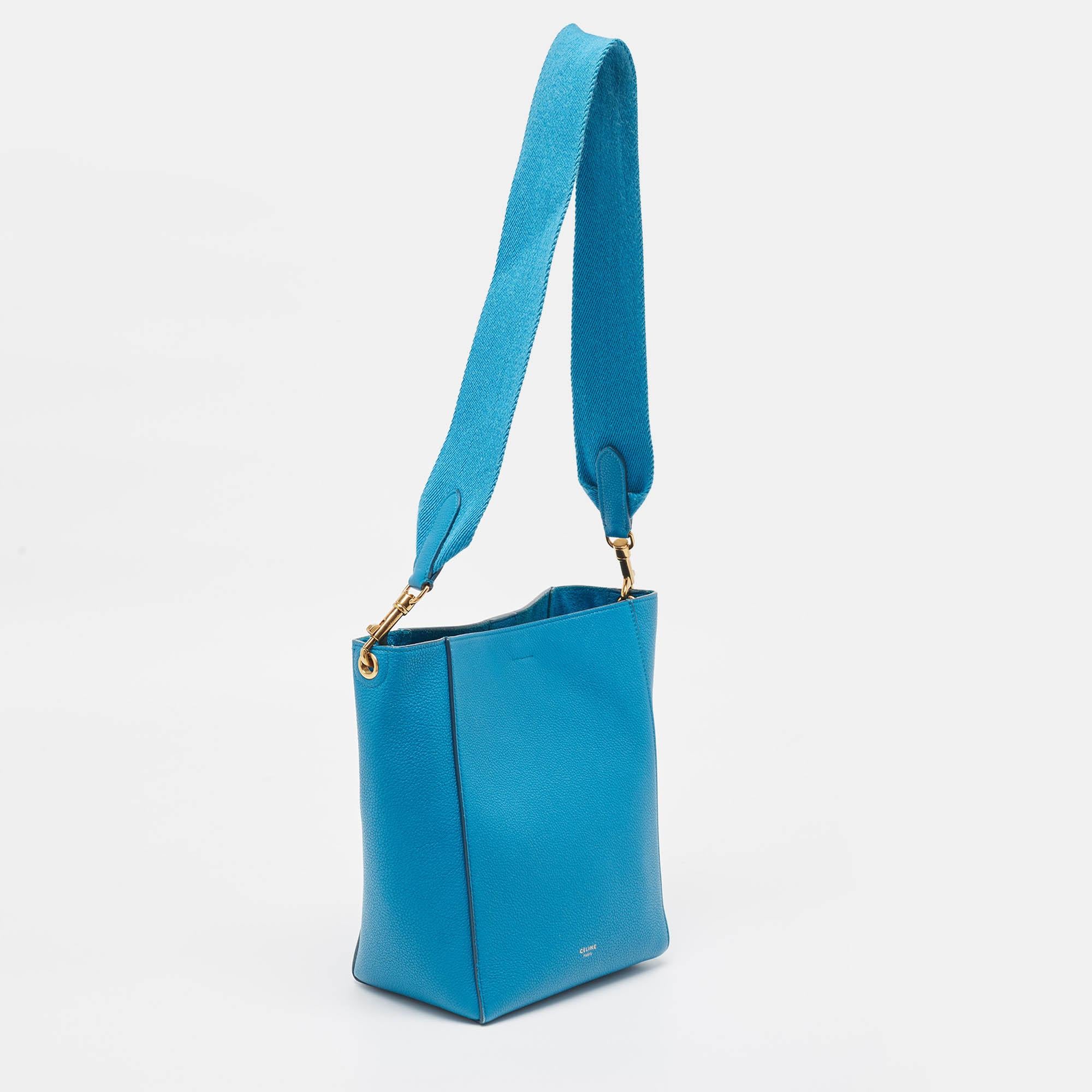 Celine Blue Leather Small Sangle Bucket Bag In Excellent Condition In Dubai, Al Qouz 2