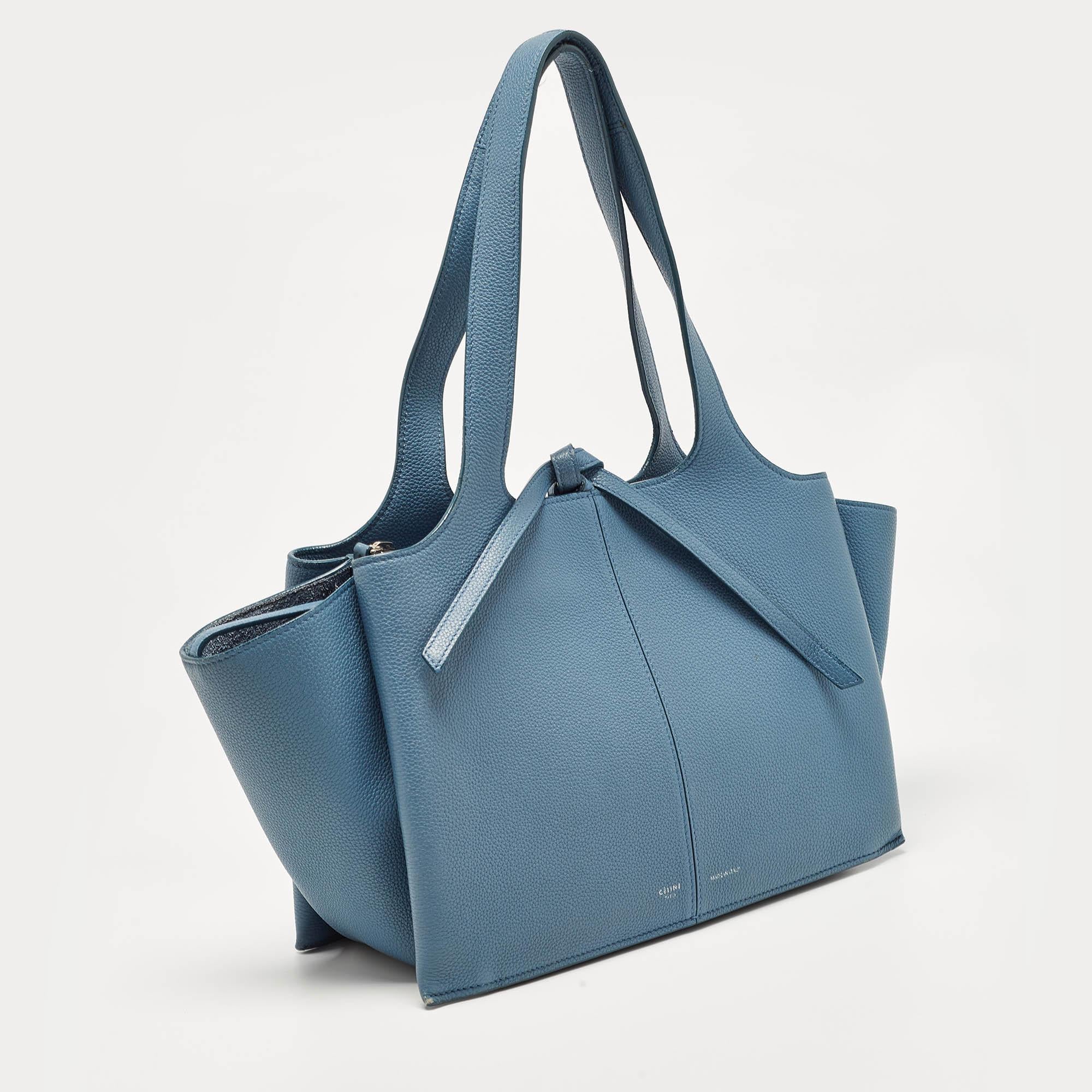 Women's Celine Blue Leather Small Tri-Fold Tote For Sale
