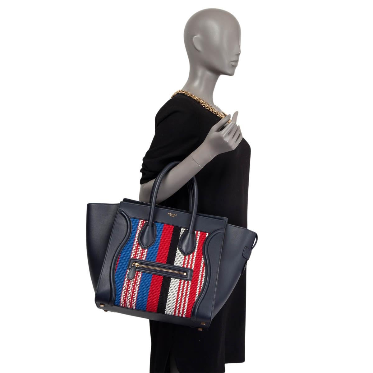 Women's CELINE blue leather & STRIPE CANVAS 2016 MINI LUGGAGE TOTE Bag For Sale