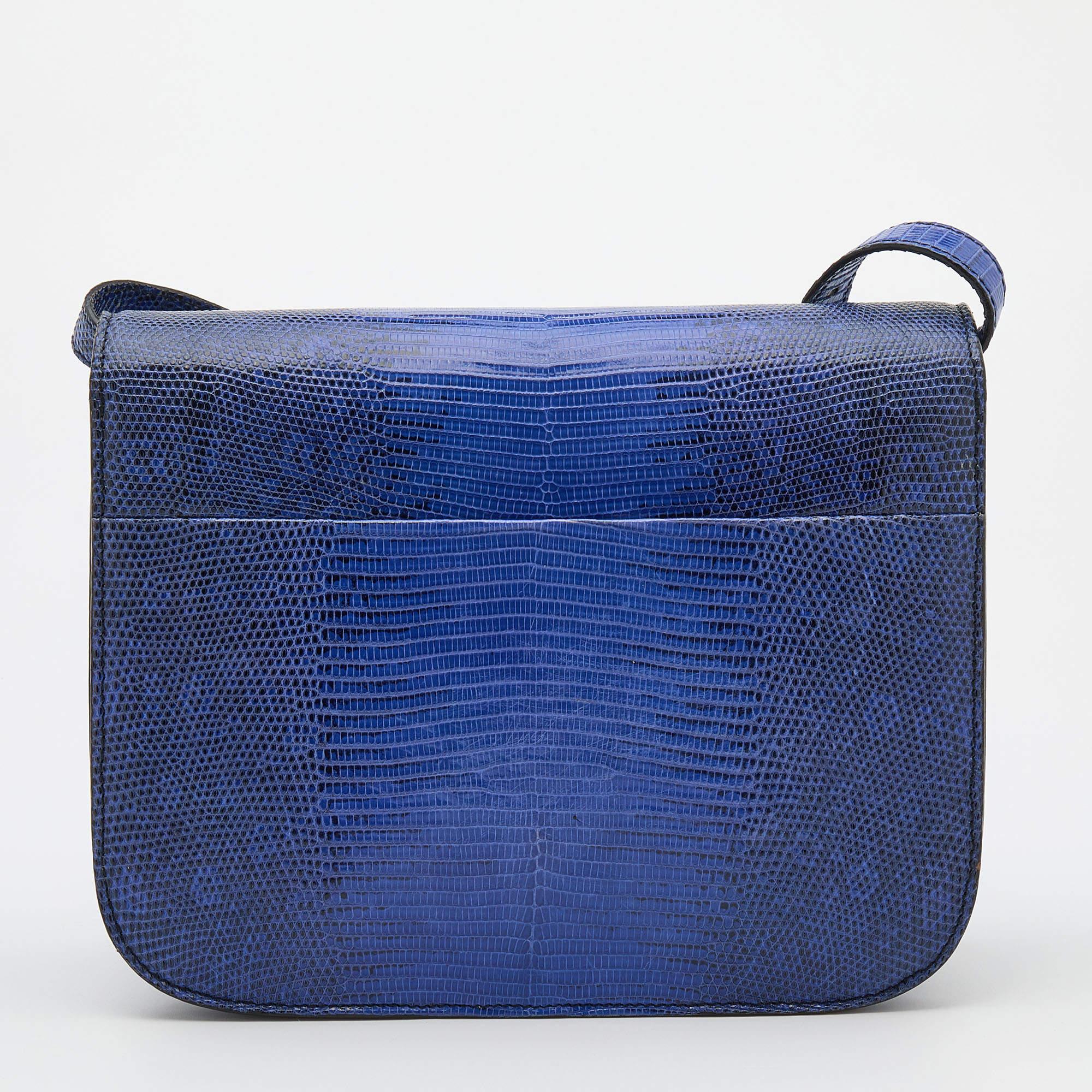 Celine Blue Lizard and Leather Medium Classic Box Shoulder Bag For Sale 6
