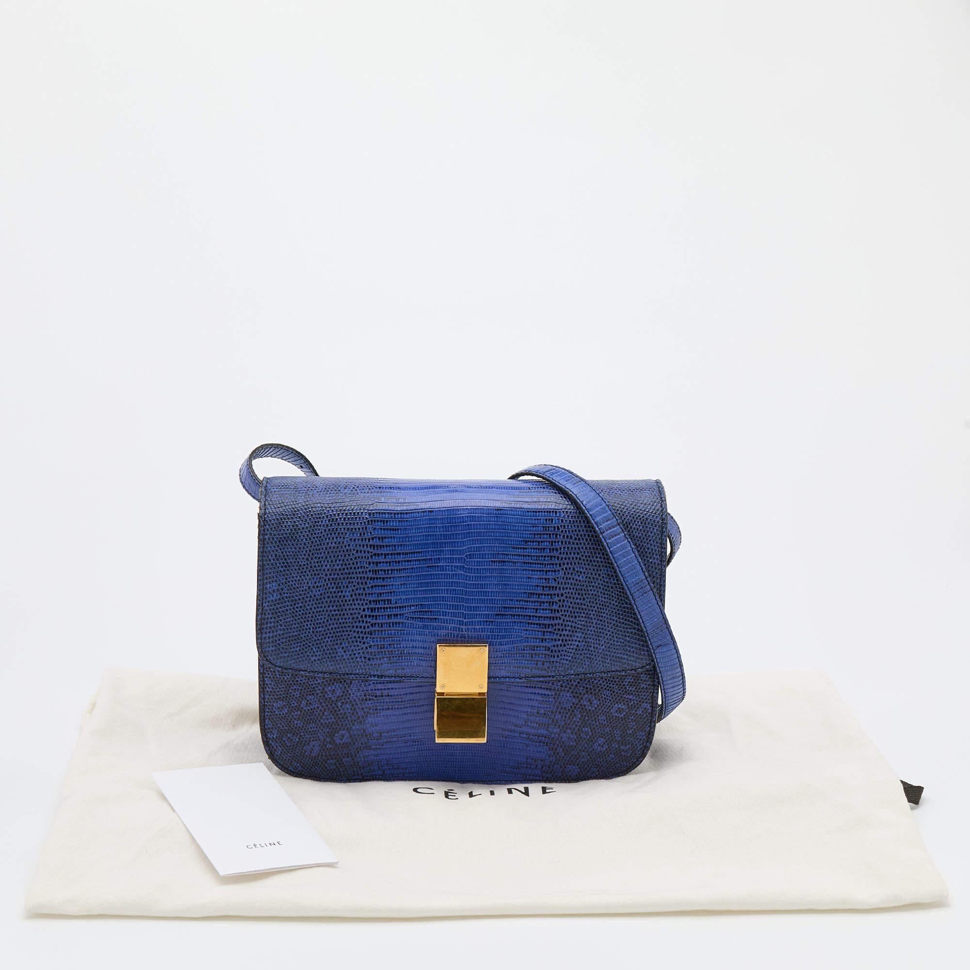 Celine Blue Lizard and Leather Medium Classic Box Shoulder Bag For Sale 7