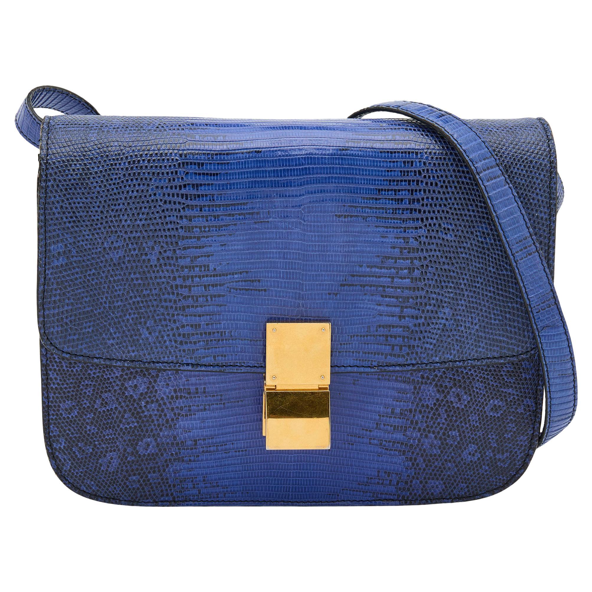 Celine Blue Lizard and Leather Medium Classic Box Shoulder Bag For Sale
