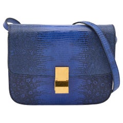 Celine Blue Lizard and Leather Medium Classic Box Shoulder Bag