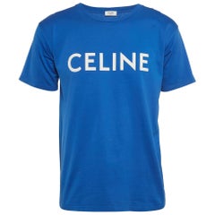Celine Blue Logo Printed Cotton Knit Crew Neck T-Shirt XS