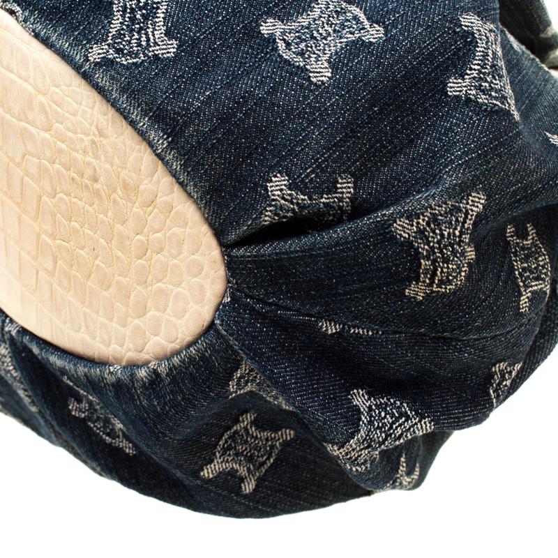 Women's Celine Blue Macadam Denim and Croc Embossed Leather Tote
