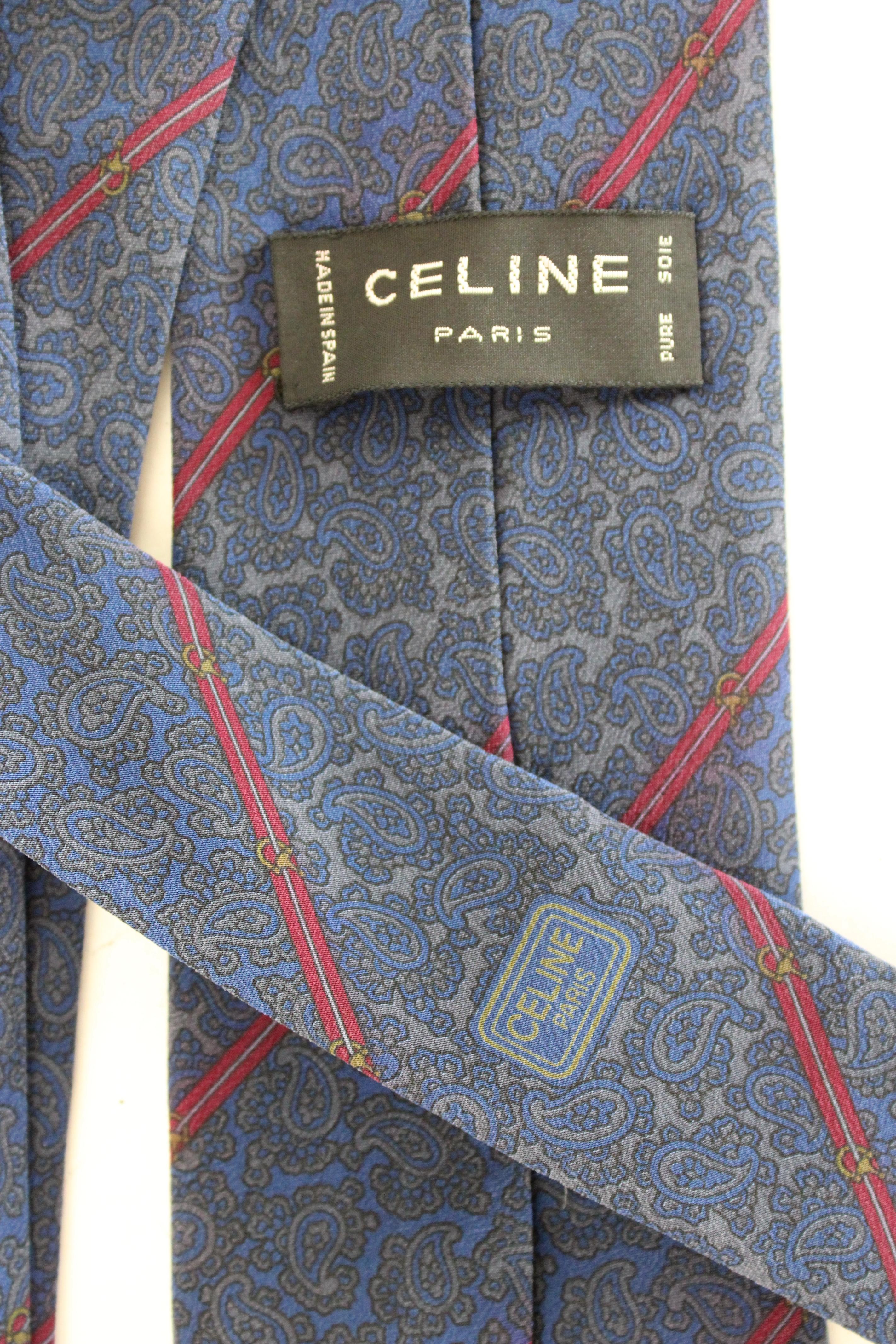 Celine - Cravate classique régimentaire en soie bleue et rouge à motif cachemire Excellent état - En vente à Brindisi, Bt