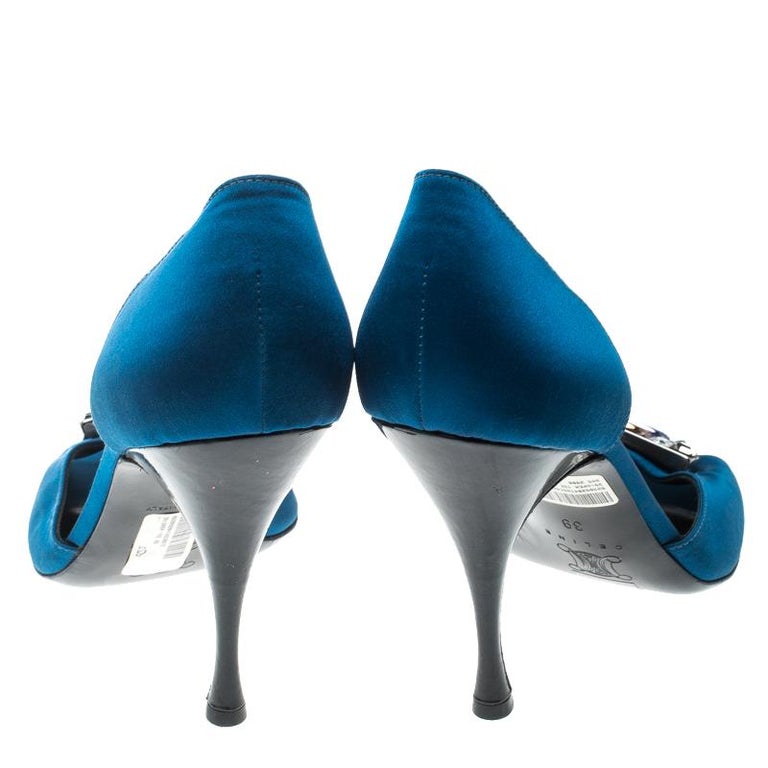 Céline Blue Satin Crystal Embellished D’orsay Peep Toe Pumps Size 39 ...