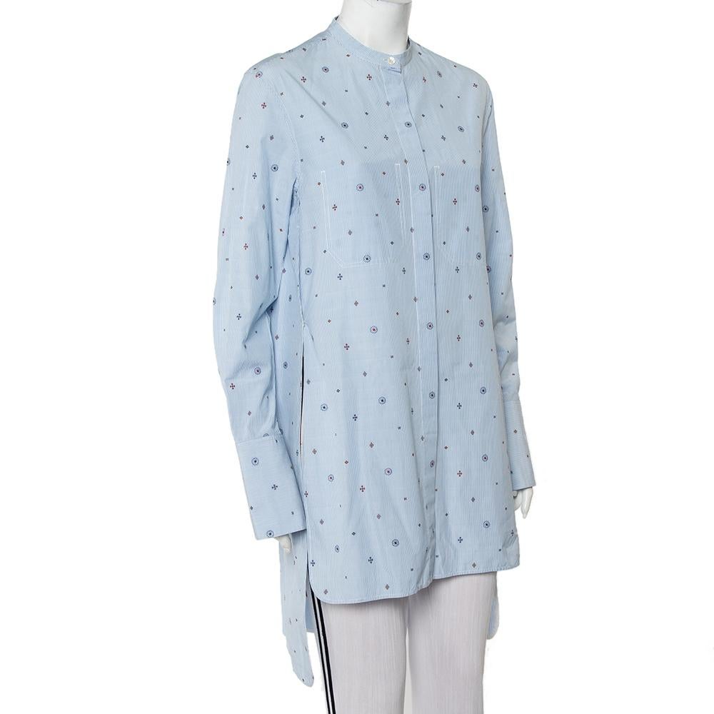 Celine Blue Striped Cotton Embroidered Asymmetric Hem Shirt Dress M In Good Condition In Dubai, Al Qouz 2