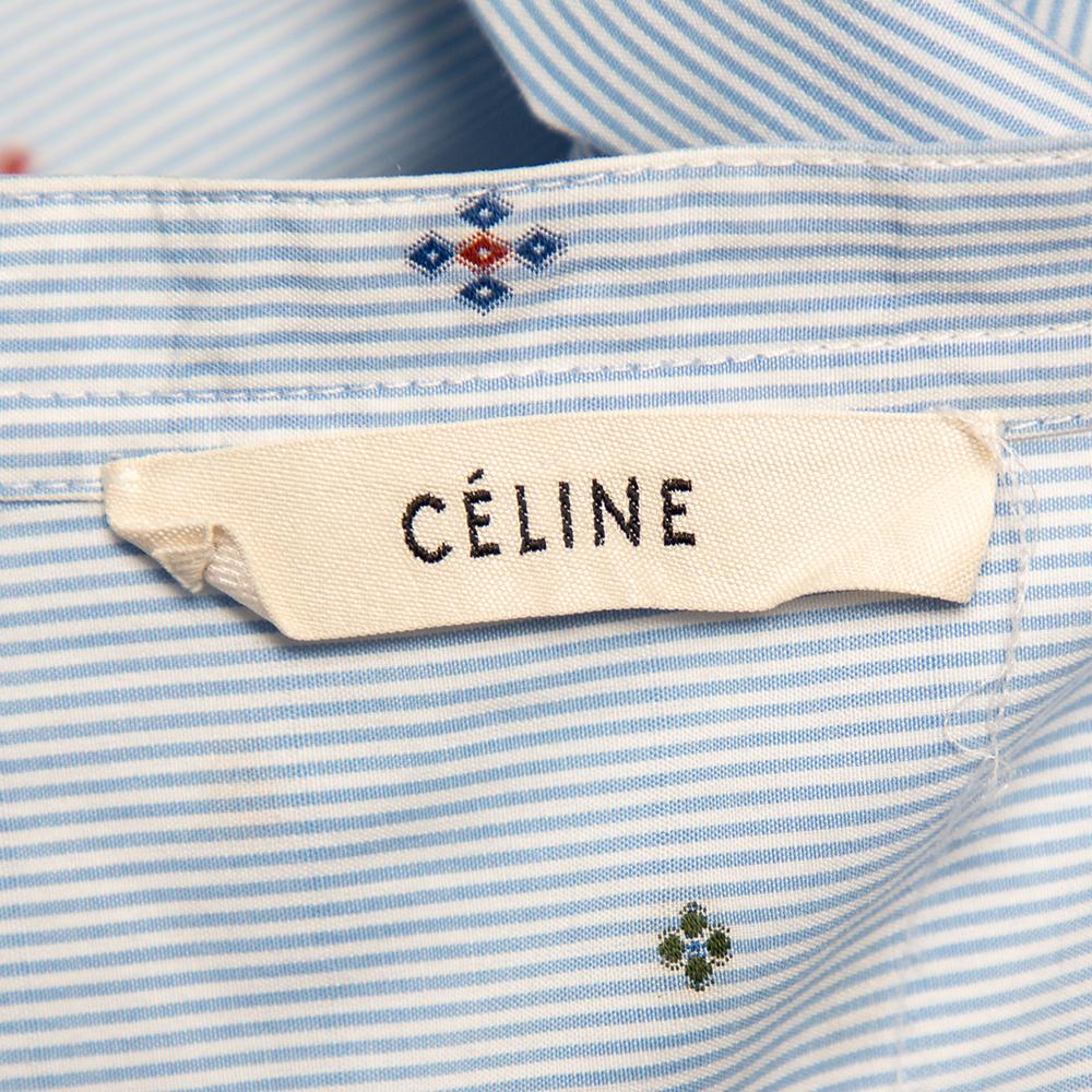 Celine Blue Striped Cotton Embroidered Asymmetric Hem Shirt Dress M 3