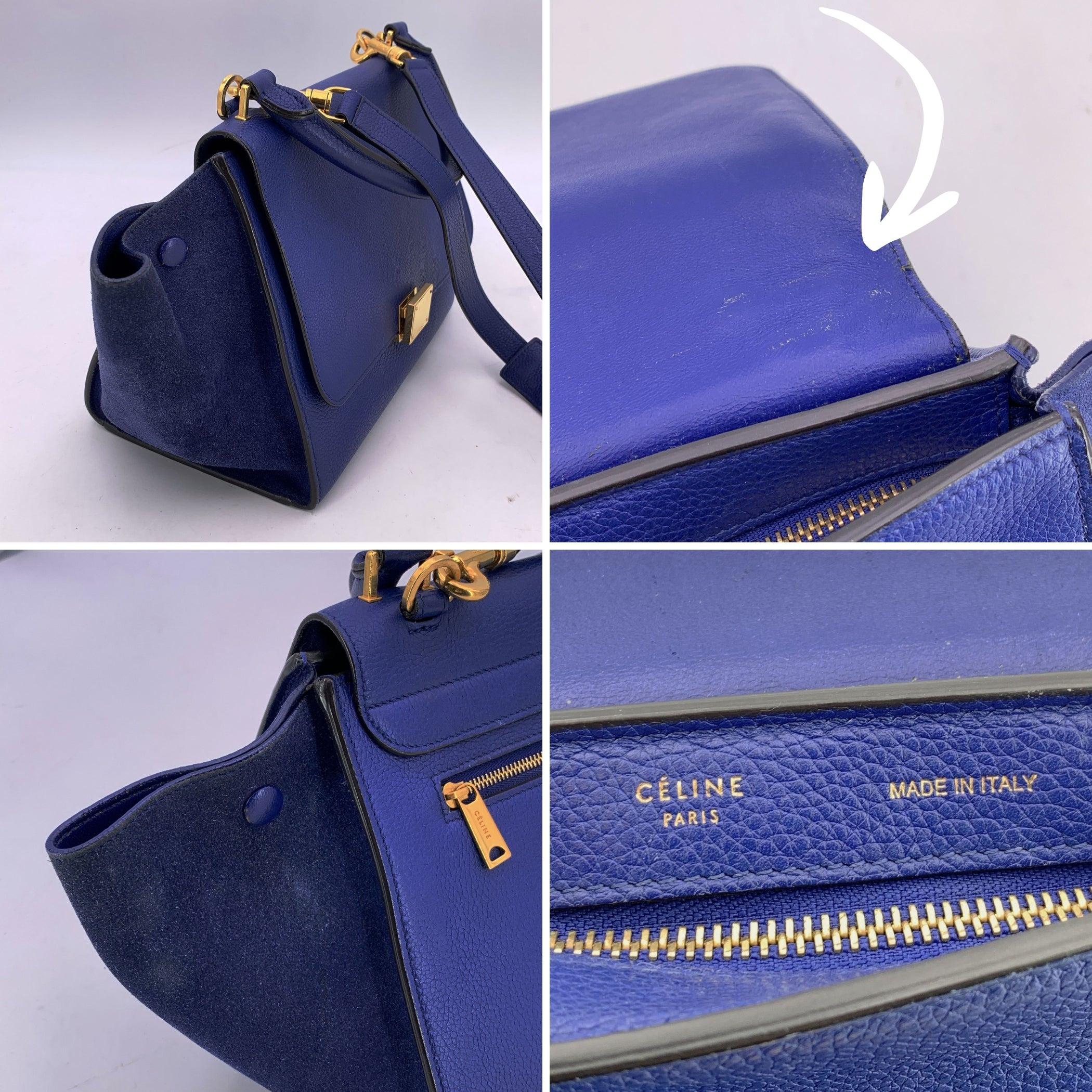 Petit sac fourre-tout trapèze en cuir et daim bleu de Celine avec bandoulière en vente 1