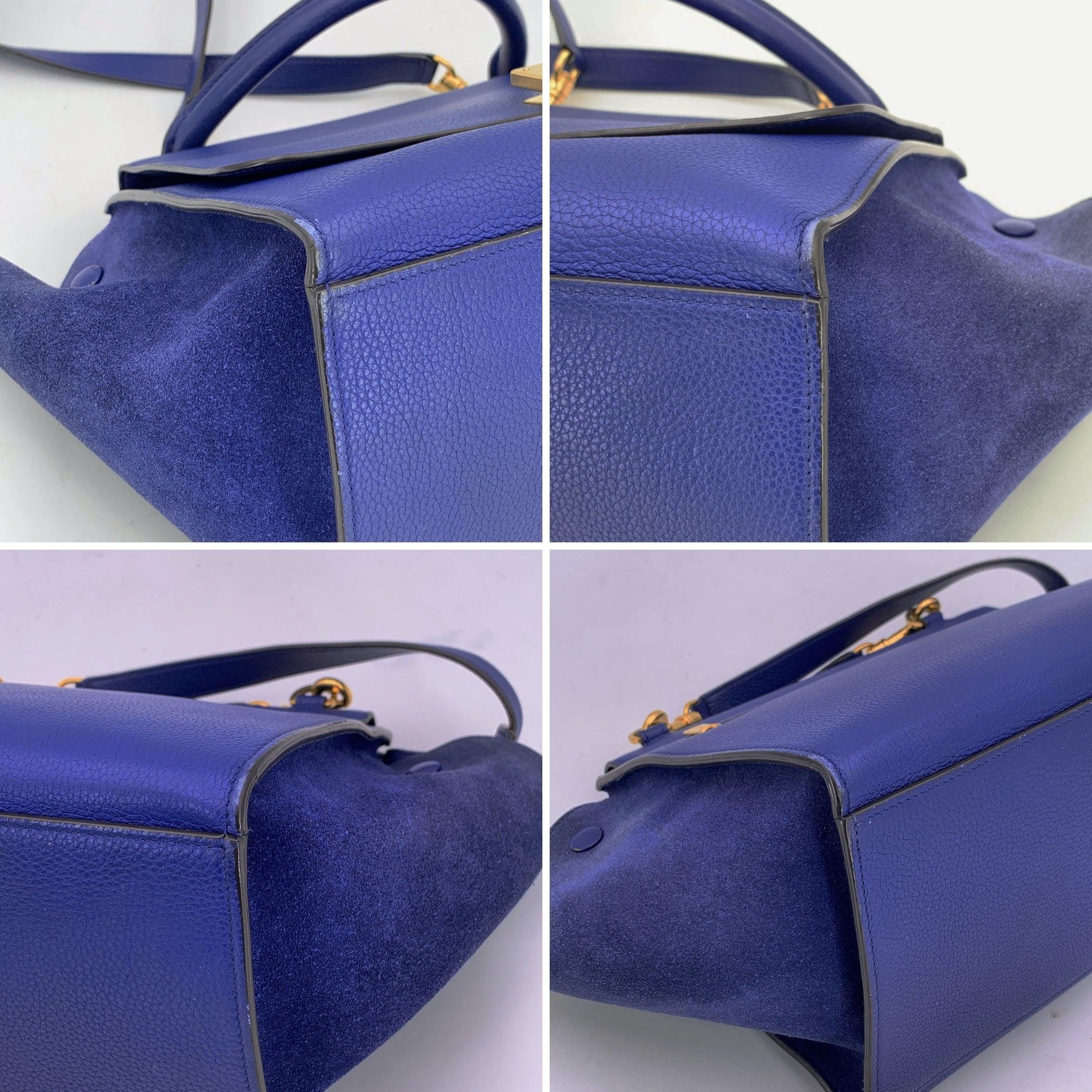 Petit sac fourre-tout trapèze en cuir et daim bleu de Celine avec bandoulière en vente 2