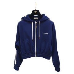 Used Celine Blue Triomphe Logo Bomber Jacket - Size XS