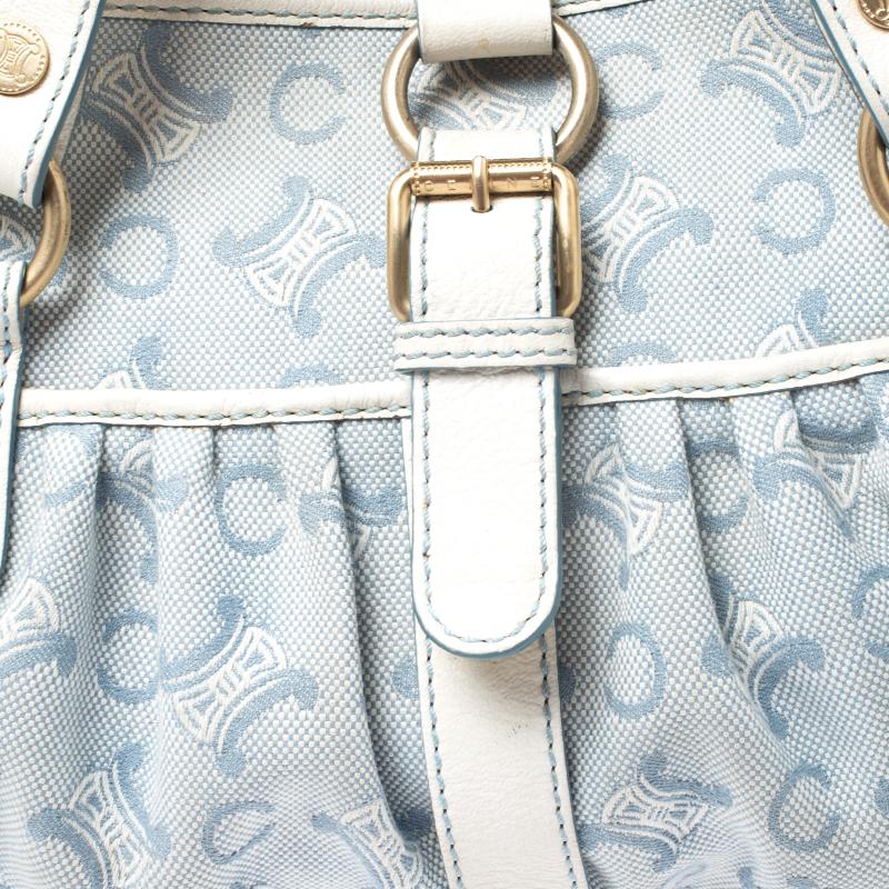 Celine Blue/White Monogram Canvas and Leather Satchel For Sale 5
