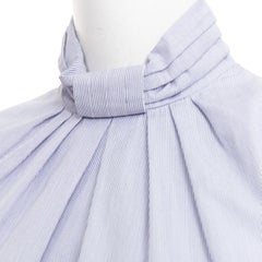 CELINE blue white pinstripe cotton high ruched collar puff sleeves blouse FR36 S