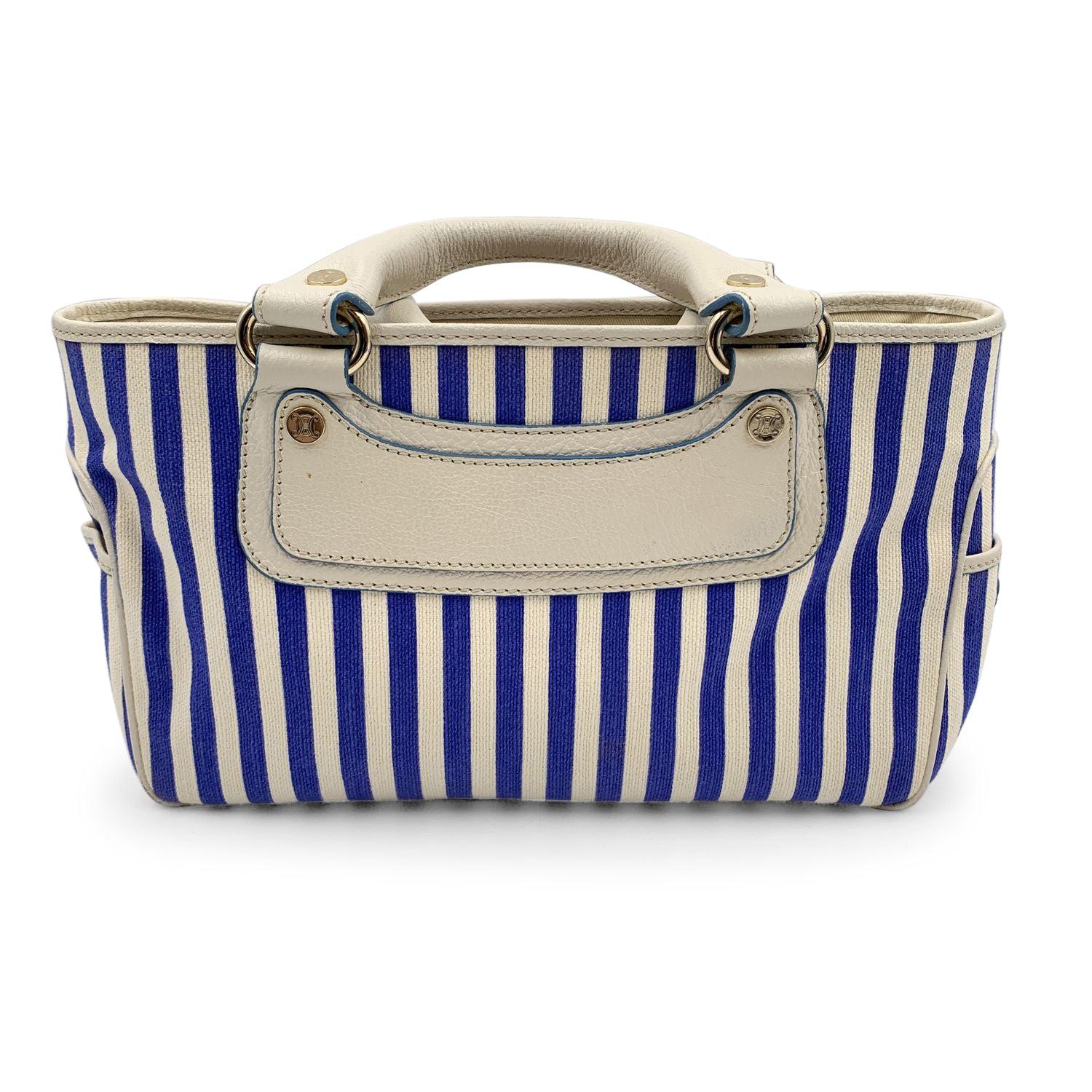 Celine Blue White Striped Canvas Boogie Bag Satchel Tote Handbag In Excellent Condition In Rome, Rome