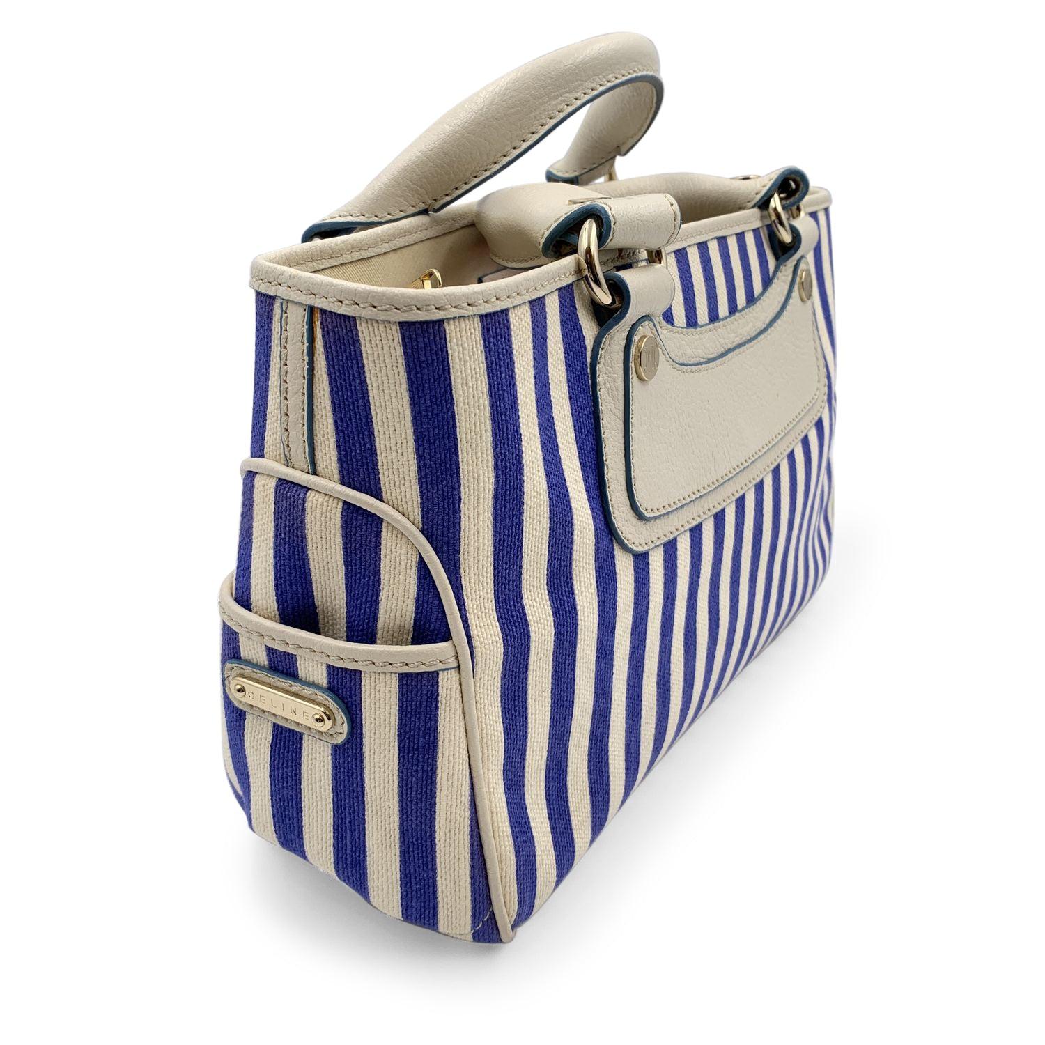 Women's Celine Blue White Striped Canvas Boogie Bag Satchel Tote Handbag