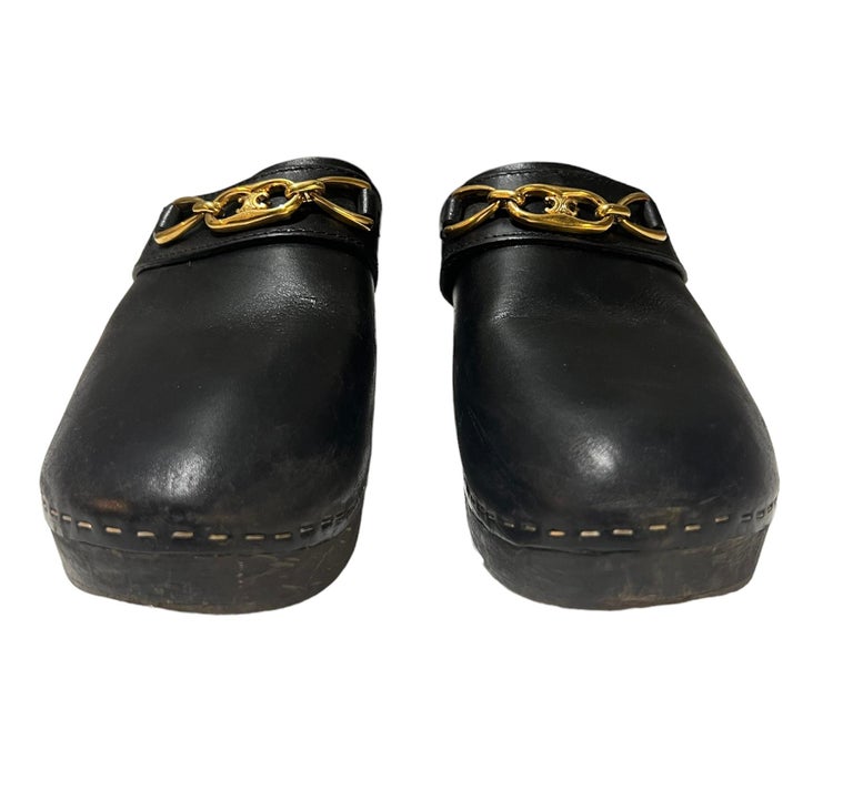 Celine Les Bois Black Leather Clogs Mules Shoes Size 40 For Sale