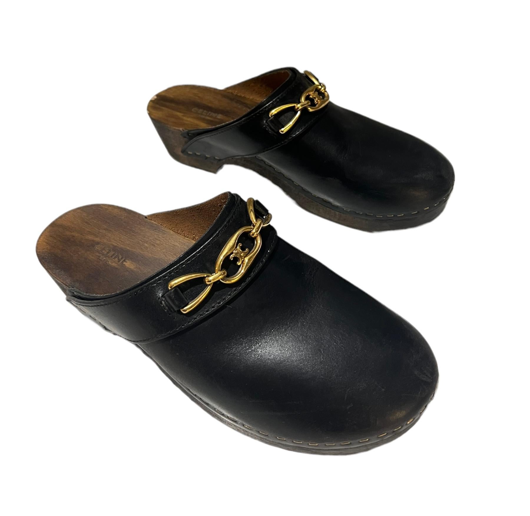 Celine Les Bois Black Leather Clogs Mules Shoes, Size 40 In Good Condition For Sale In Beverly Hills, CA