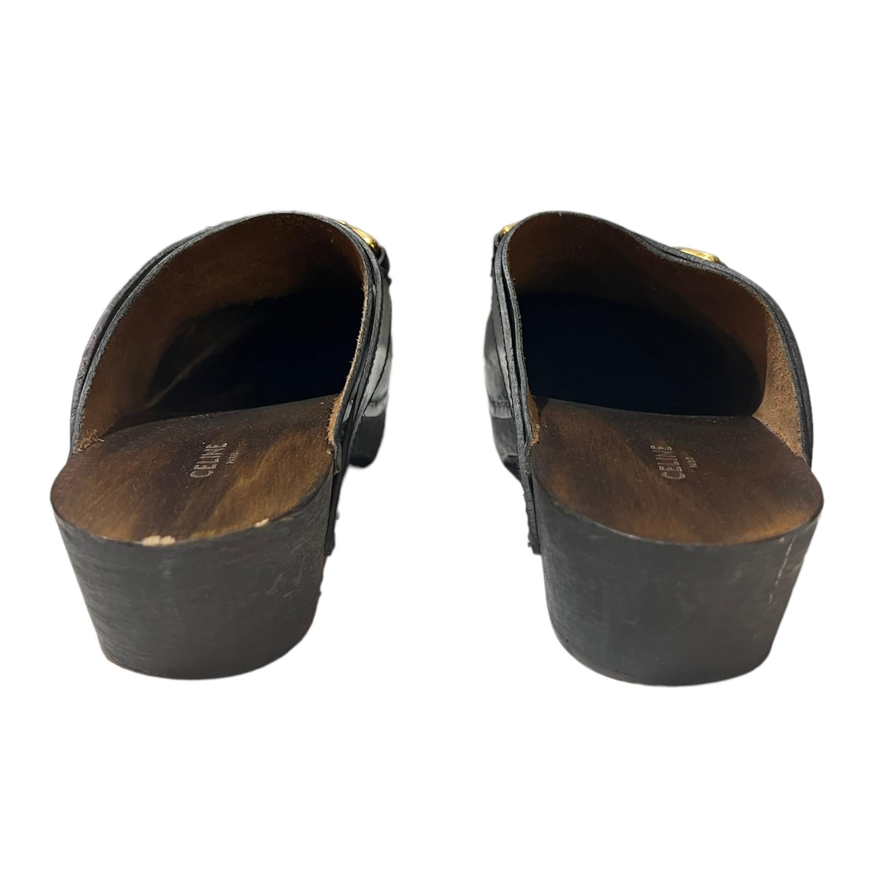 Women's Celine Les Bois Black Leather Clogs Mules Shoes, Size 40 For Sale