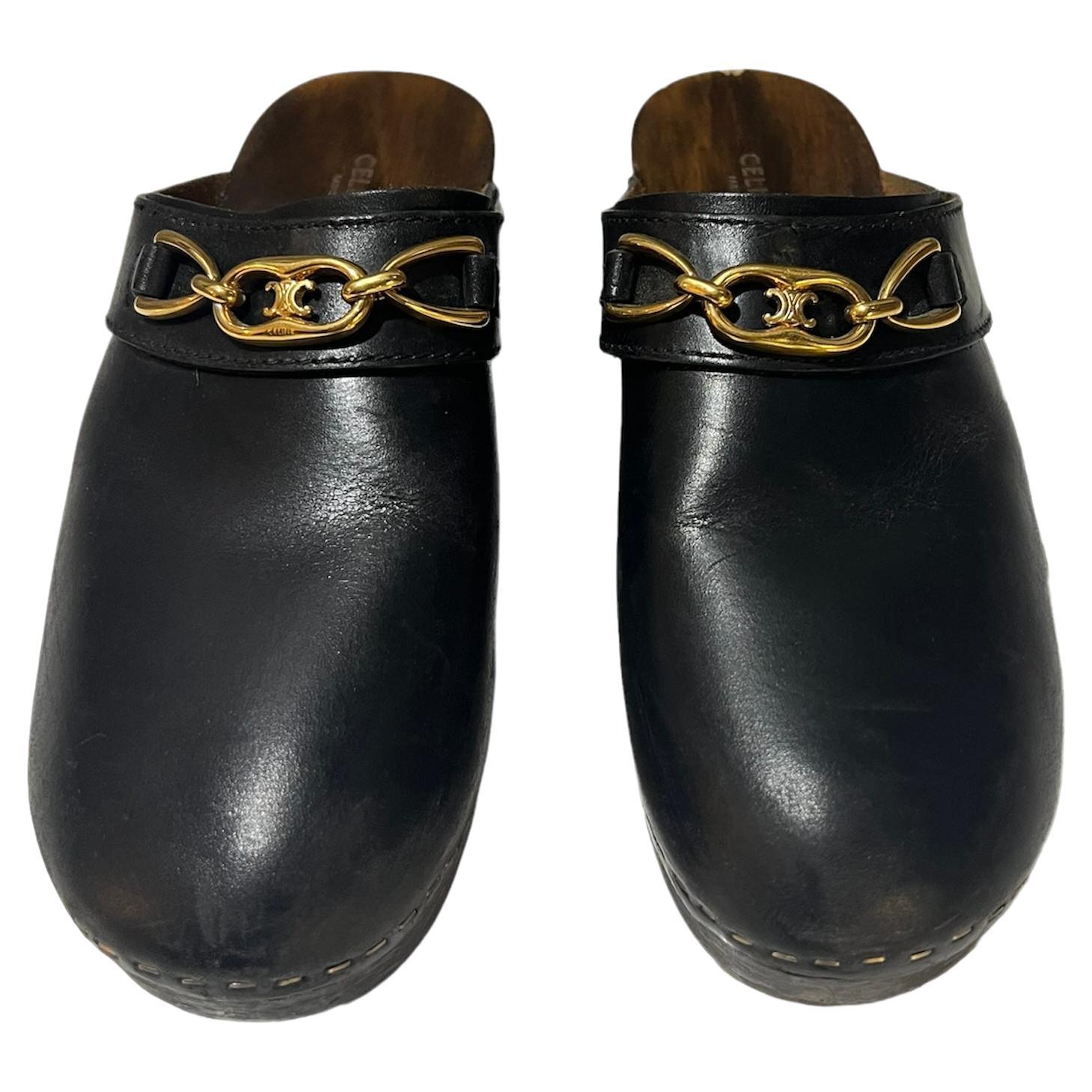 Celine Les Bois Black Leather Clogs Mules Shoes, Size 40 For Sale