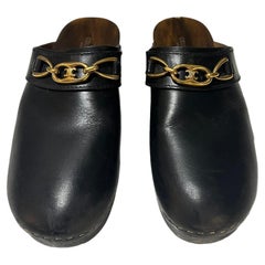 Used Celine Les Bois Black Leather Clogs Mules Shoes, Size 40