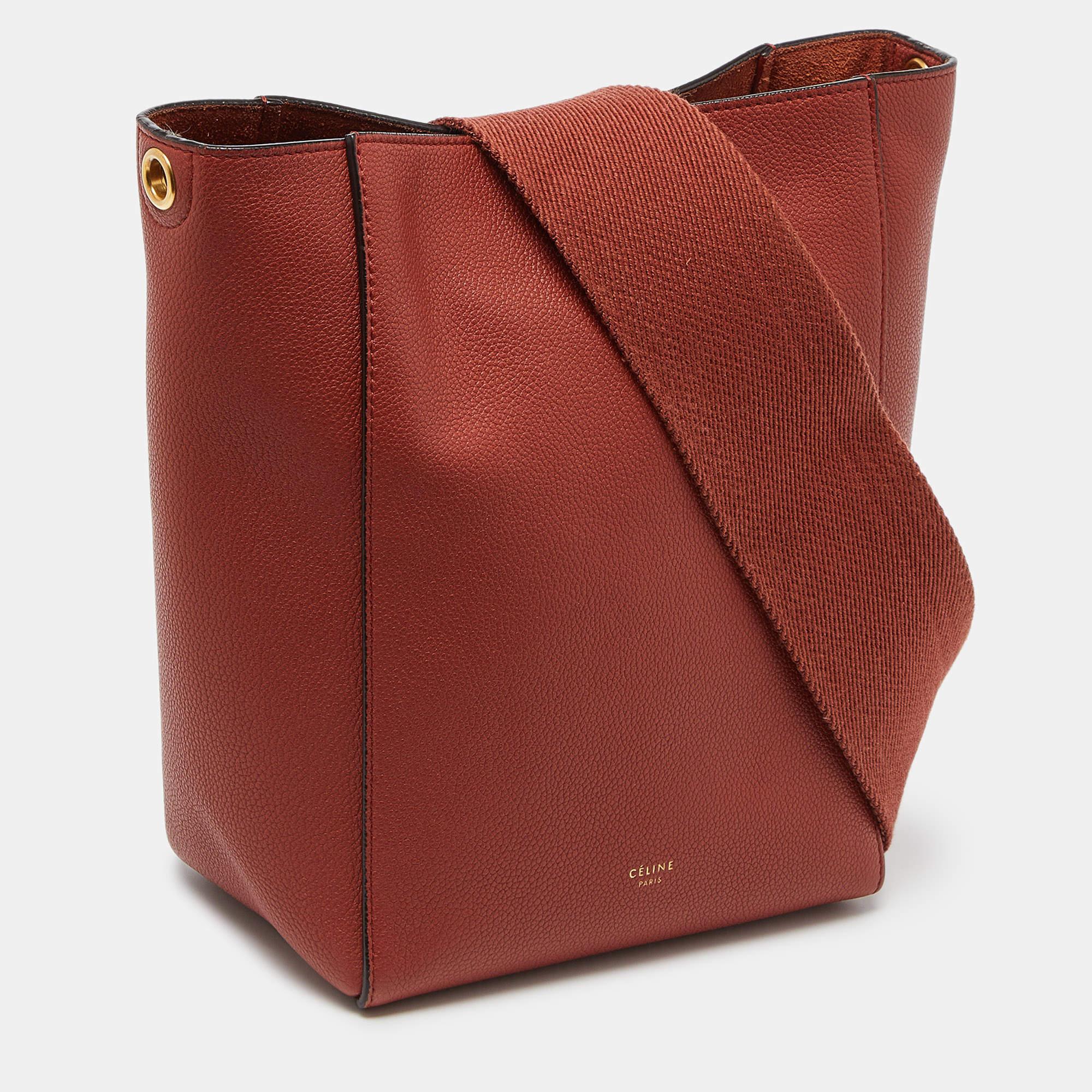 Brown Celine Brick Leather Small Sangle Bucket Bag