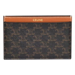 Celine Brown Calfskin Triomphe Canvas Tan Card Holder