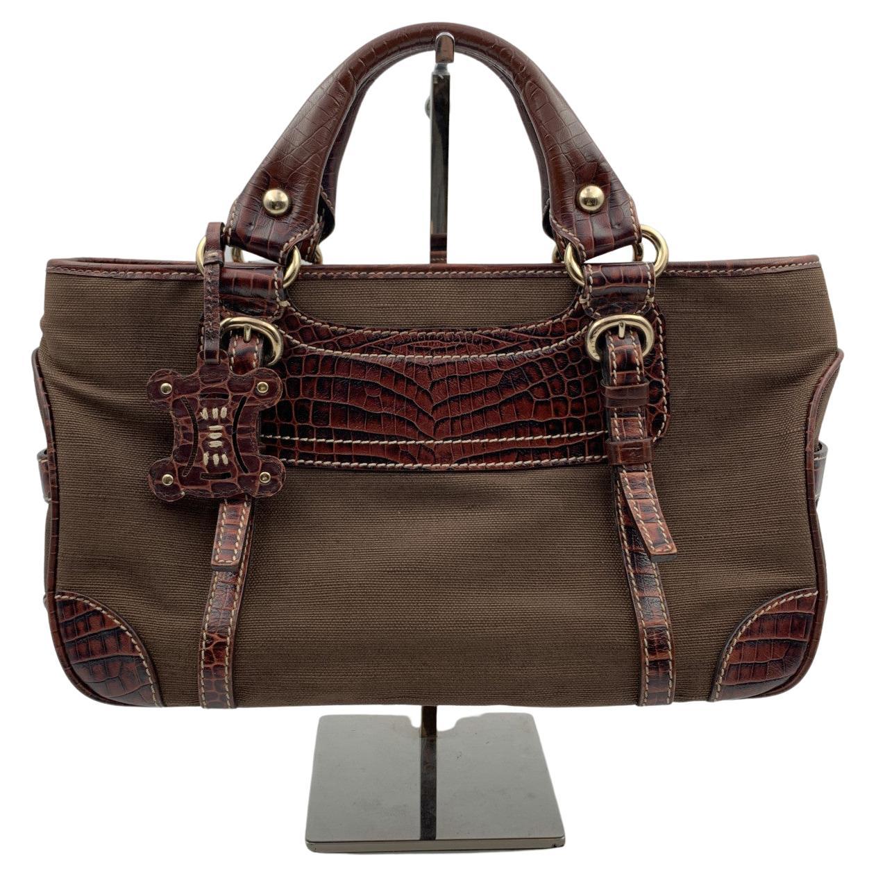 Celine Brown Canvas Leather Boogie Satchel Tote Bag Handbag