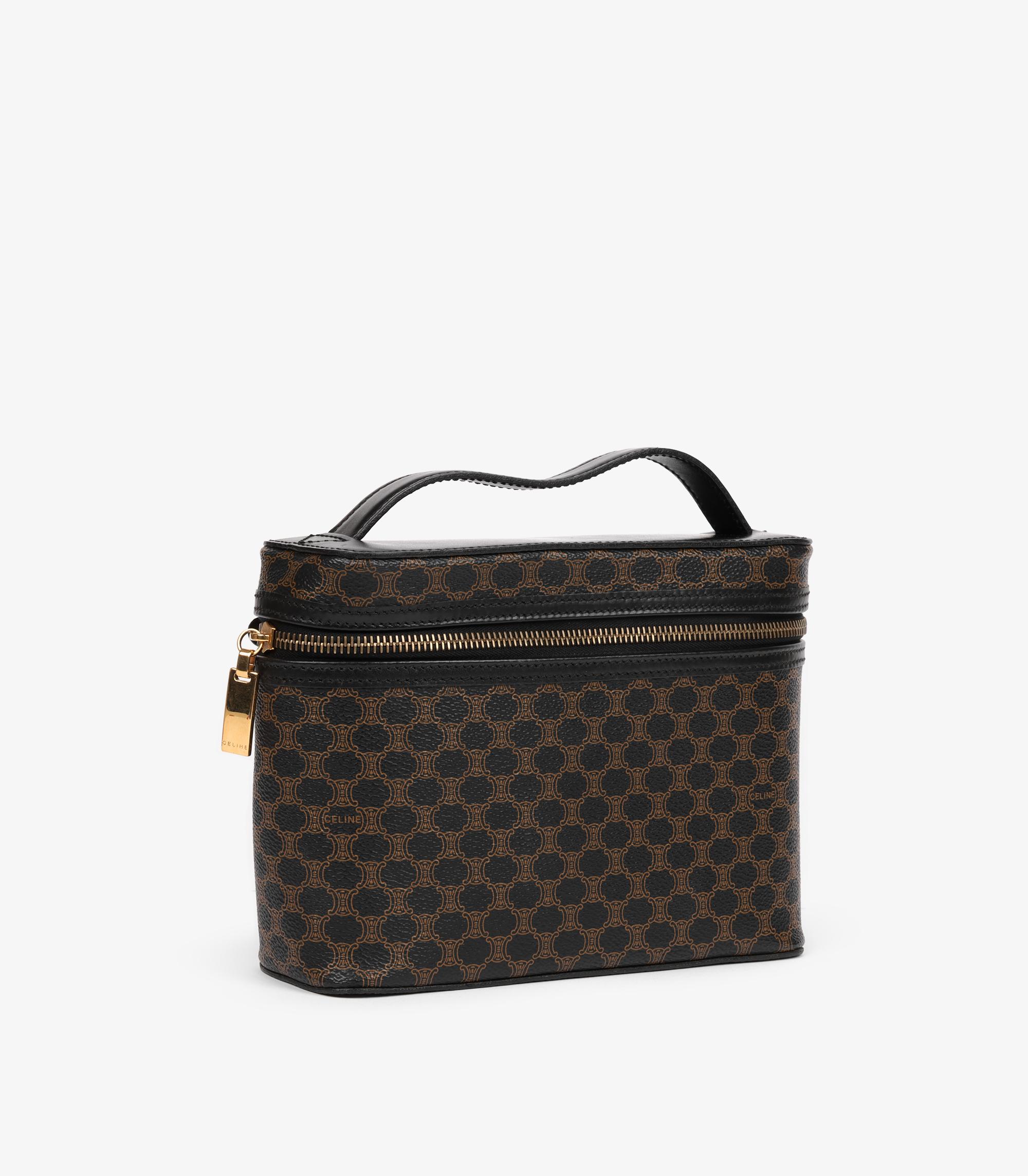 Celine Braunes beschichtetes Segeltuch und schwarzes Kalbsleder Vintage Vanity Case (Grau) im Angebot