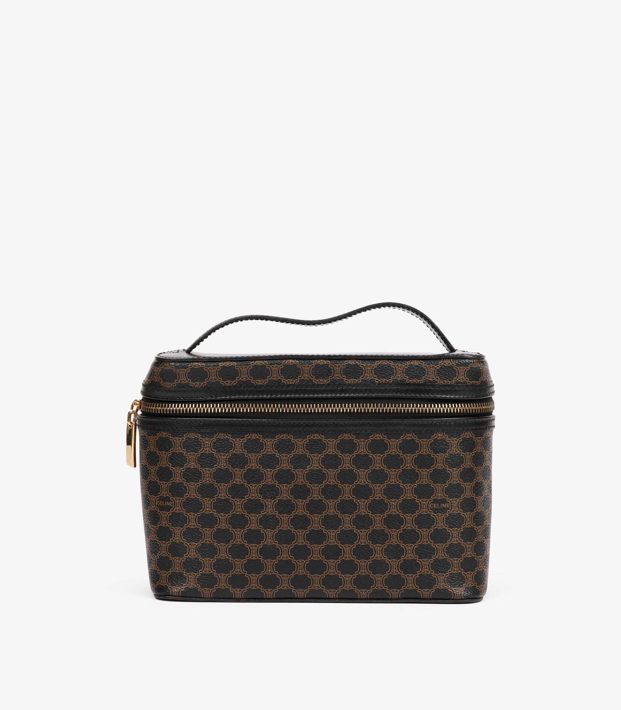 Astuccio Vanity Celine in tela marrone rivestita e pelle di vitello nera