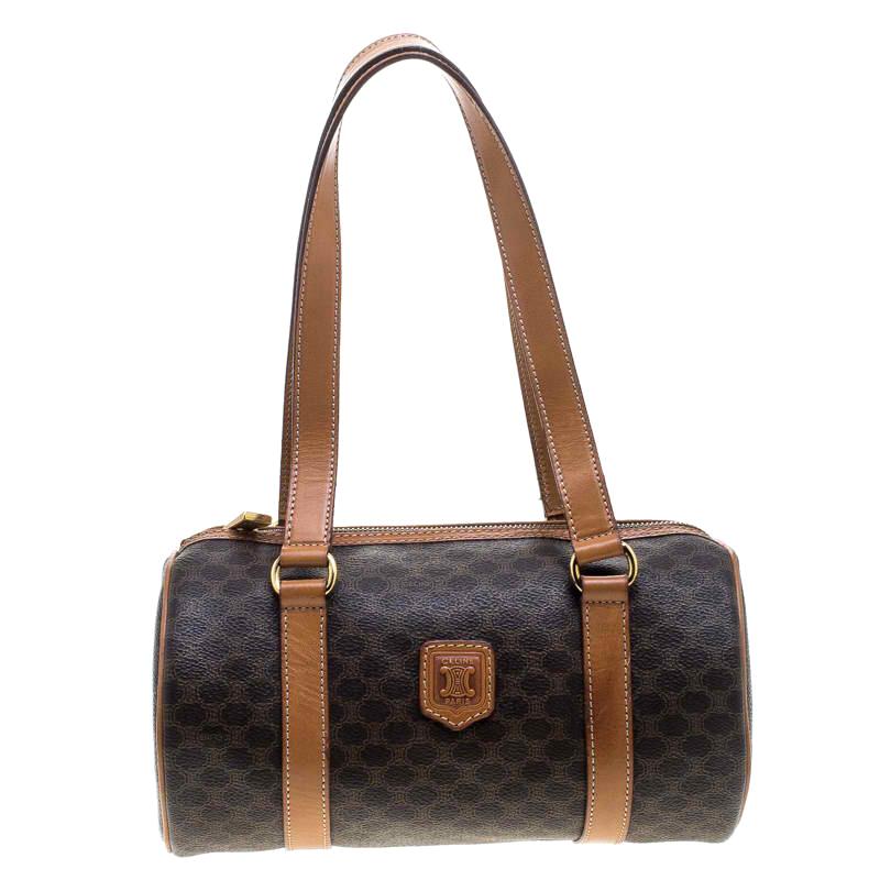 Céline Brown Coated Canvas Macadam Boston Bag