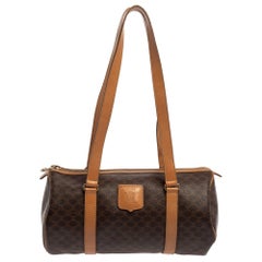 Céline Brown Coated Macadam Canvas And Tan Leather Boston Bag