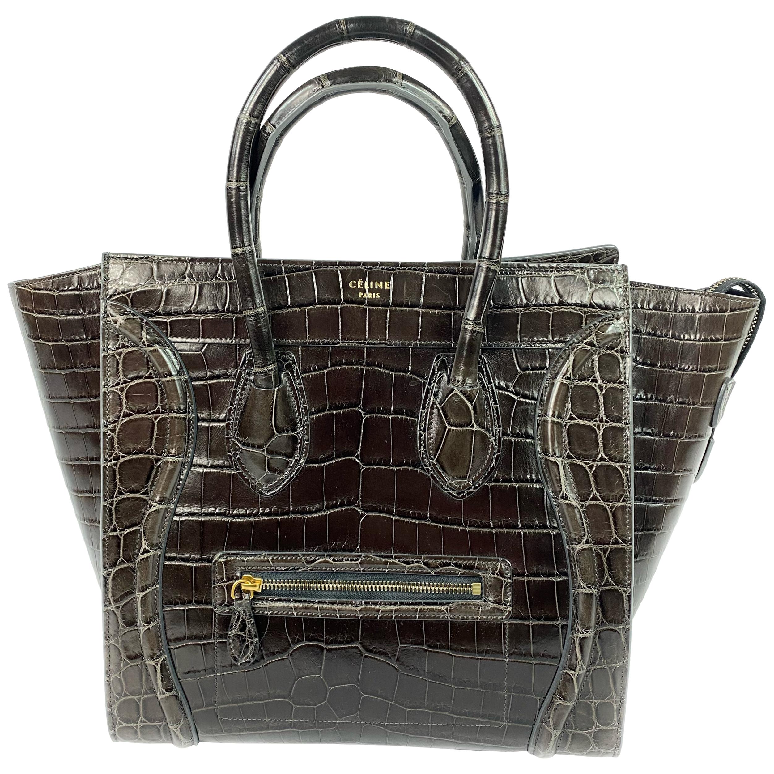 CELINE Brown Crocodile Medium Phantom Luggage Tote Bag For Sale