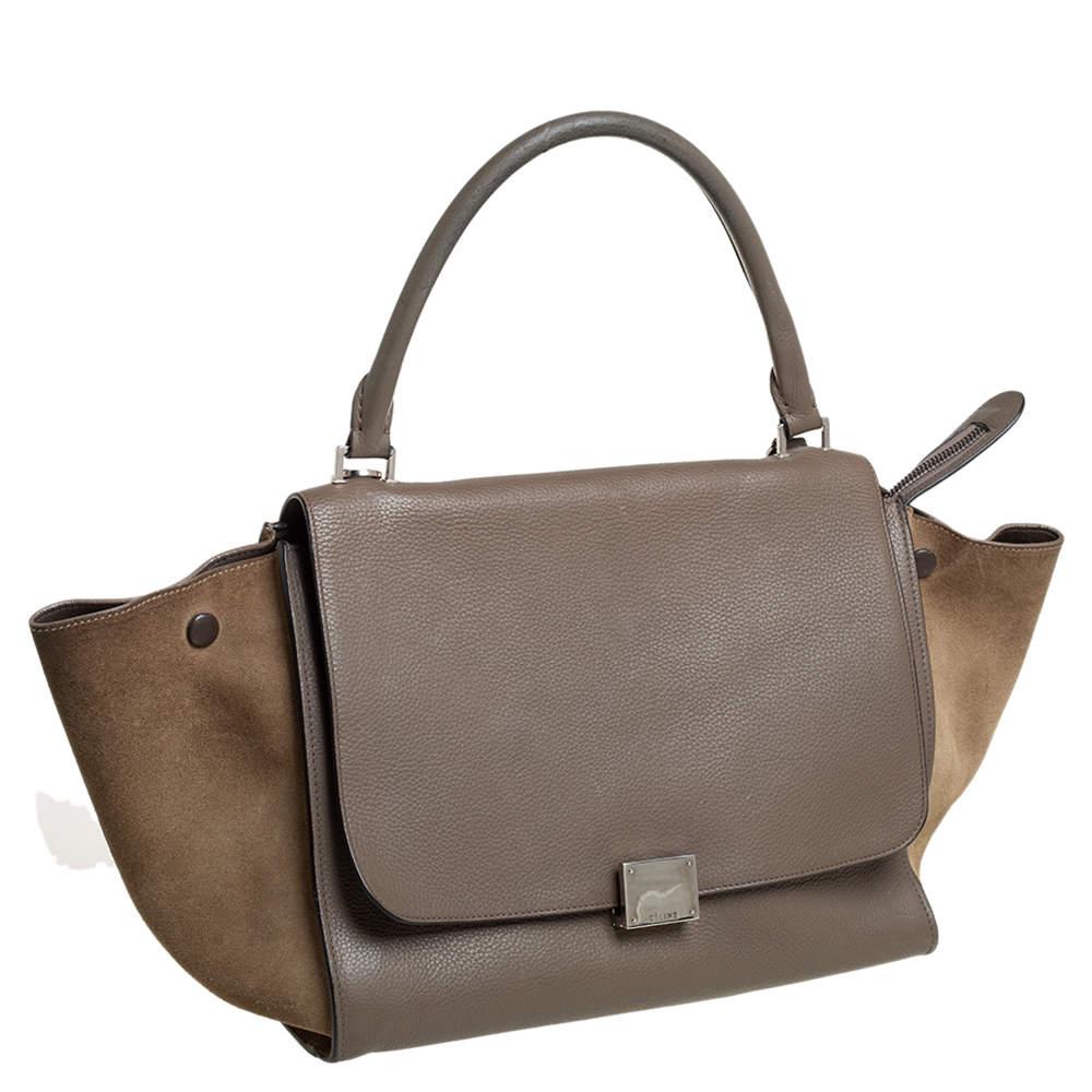 Celine Brown/Grey Leather and Suede Medium Trapeze Top Handle Bag In Fair Condition For Sale In Dubai, Al Qouz 2