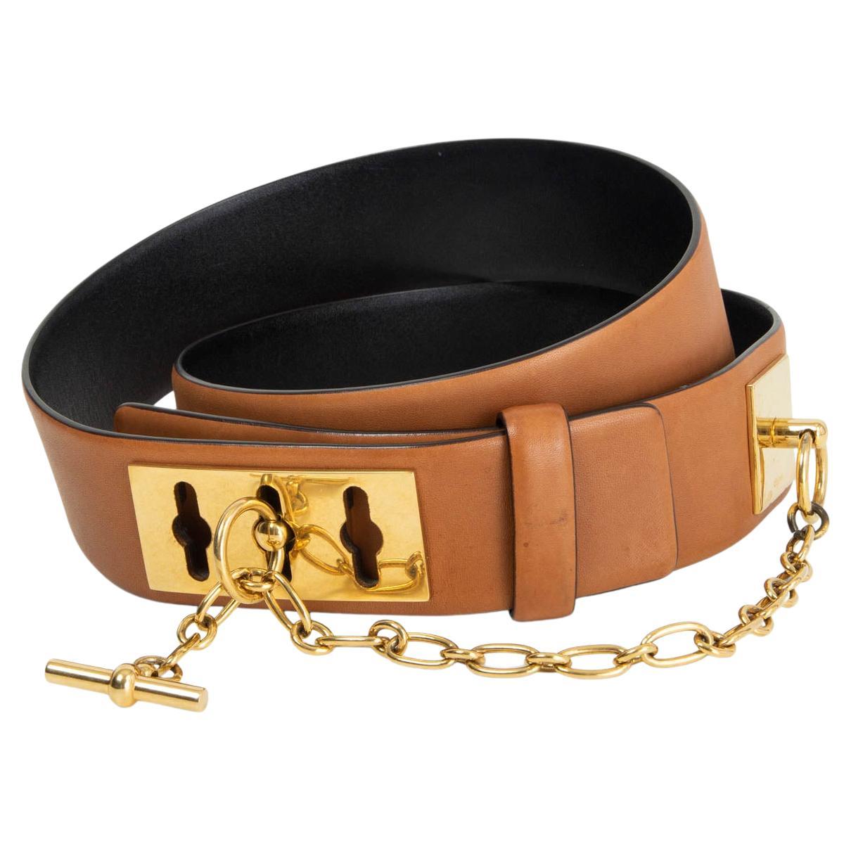 CELINE brown leather 2012 CHAIN TOGGLE WAIST Belt M For Sale