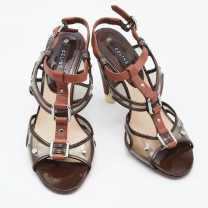 Celine Sandalias con correa en el tobillo de piel marrón y PVC con tachuelas en forma de jaula talla 37.5 Marrón en venta