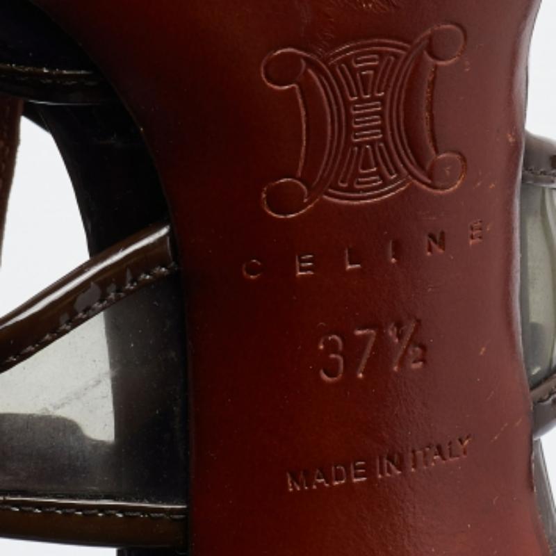 Celine Sandalias con correa en el tobillo de piel marrón y PVC con tachuelas en forma de jaula talla 37.5 en venta 3