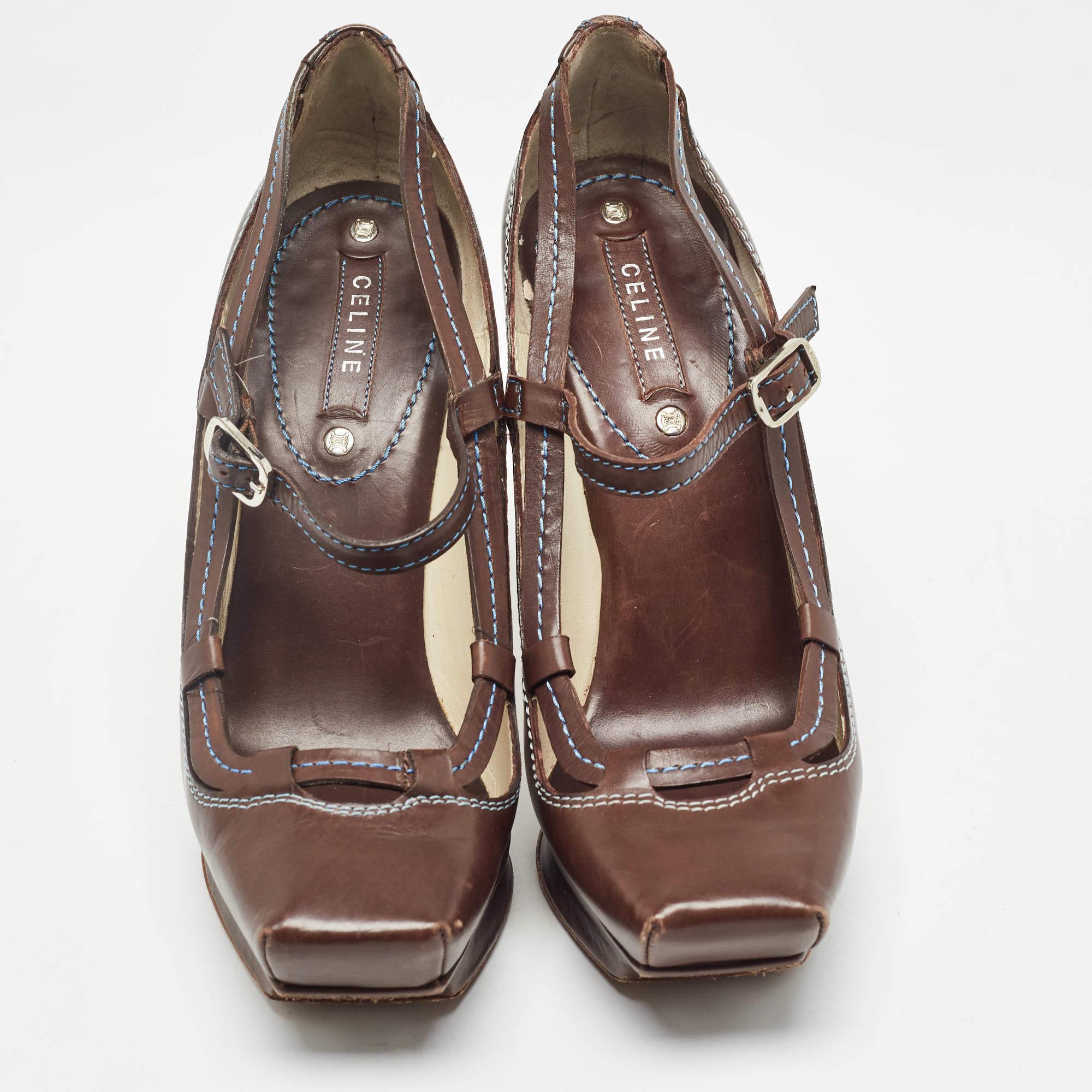 Celine Brown Leather Platform Ankle Strap Sandals Size 36 In Good Condition For Sale In Dubai, Al Qouz 2
