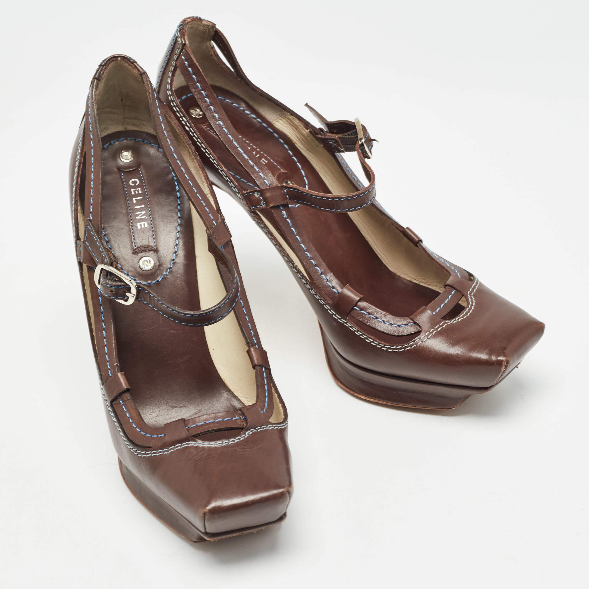 Women's Celine Brown Leather Platform Ankle Strap Sandals Size 36 For Sale